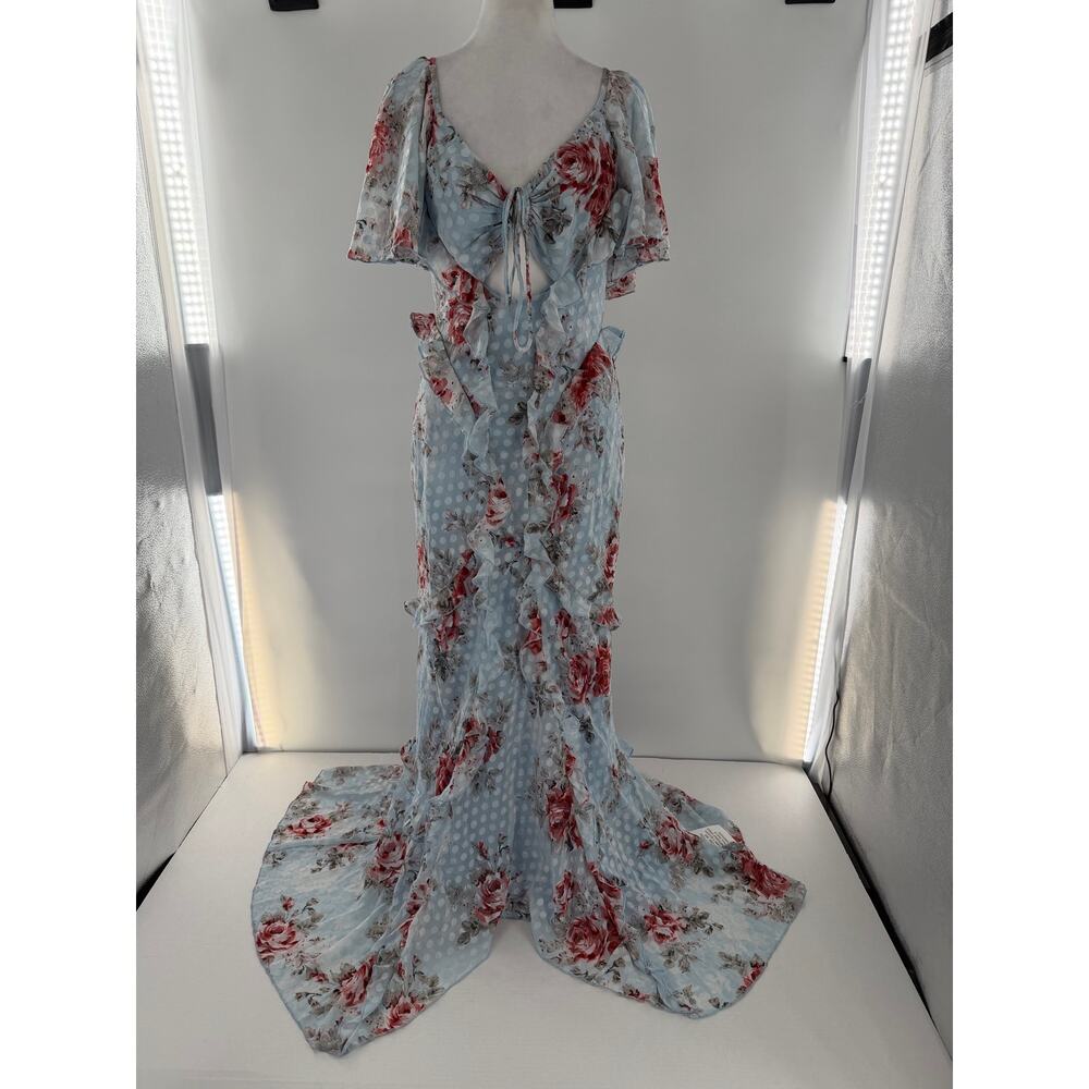 ASOS Blue Floral Ruffle Maxi Dress Cutout US 8 Fairy Coquette Garden Party - Picture 2 of 11